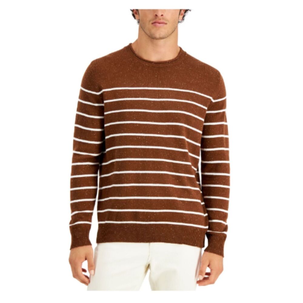CLUBROOM Mens Gregor Brown Striped Crew Neck Classic Fit Pullover Sweater L